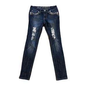 Blue Republic Skinny Denim Jeans ~ Sz 5 ~ Blue ~ Mid Rise ~ Distressed ~ Bling